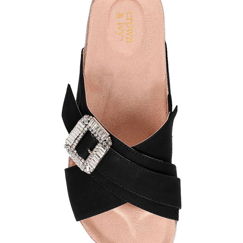 Black crown & ivy slip on sandles with bling detail - Picture 2 of 14